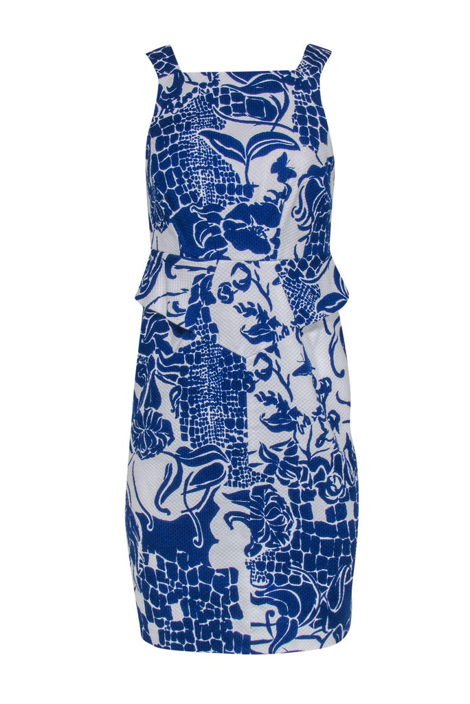 Carlisle - White & Blue Floral Print Sleeveless Sheath Dress w