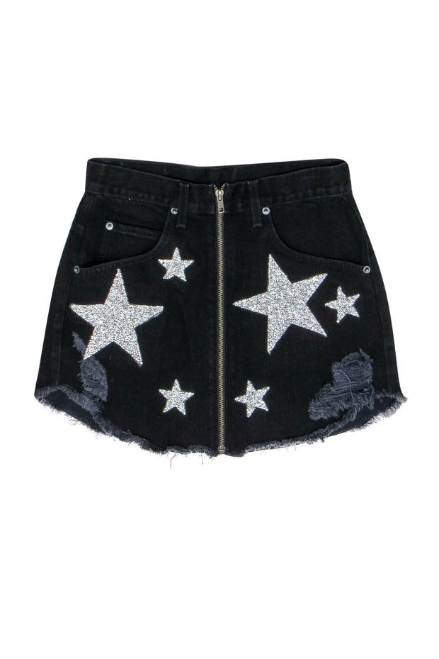 Current Boutique-Carmar - Black Denim Distressed Miniskirt w/ Silver Star Embellishments Sz 27