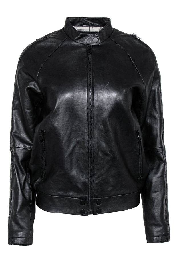 Current Boutique-Carmar - Black Leather Zip-Up Jacket w/ Zipper Trim Sz M