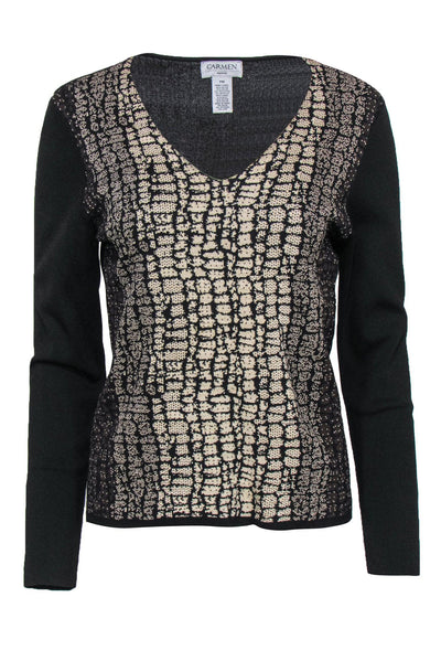 Current Boutique-Carmen Carmen Marc Valvo - Black & Beige Metallic Snakeskin Print V-Neck Sweater Sz MP