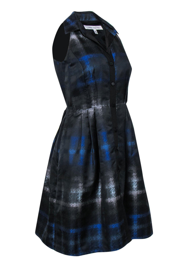 Current Boutique-Carmen Marc Valvo - Black & Blue Printed A-Line Collared Dress Sz 2