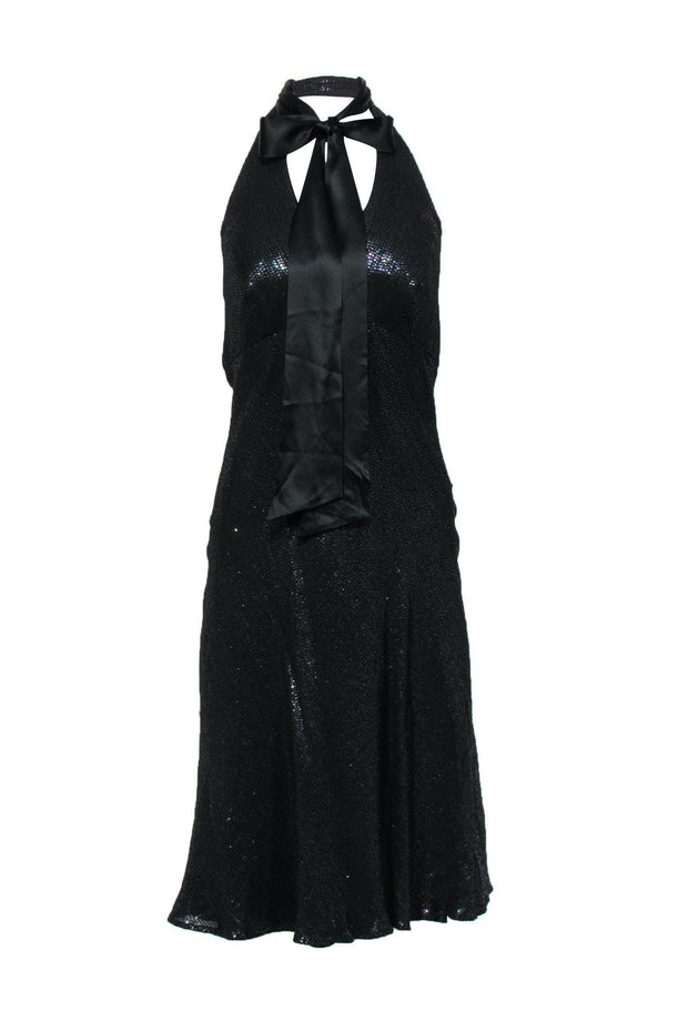 Current Boutique-Carmen Marc Valvo - Black Sequin Halter Midi Dress Sz 12