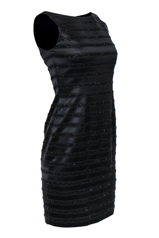 Current Boutique-Carmen Marc Valvo - Black Striped Beaded Sheath Dress Sz 2