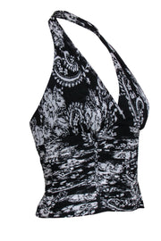 Current Boutique-Carmen Marc Valvo - Black & White Paisley & Floral Print Silk Halter Top Sz 6