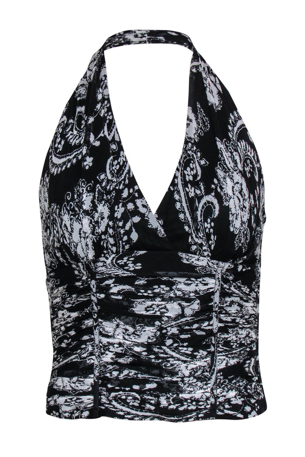 Current Boutique-Carmen Marc Valvo - Black & White Paisley & Floral Print Silk Halter Top Sz 6