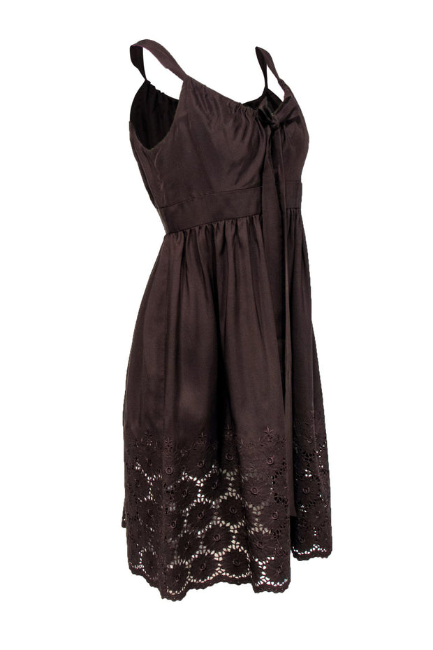 Current Boutique-Carmen Marc Valvo - Brown Silk Lace Hem Dress Sz 10