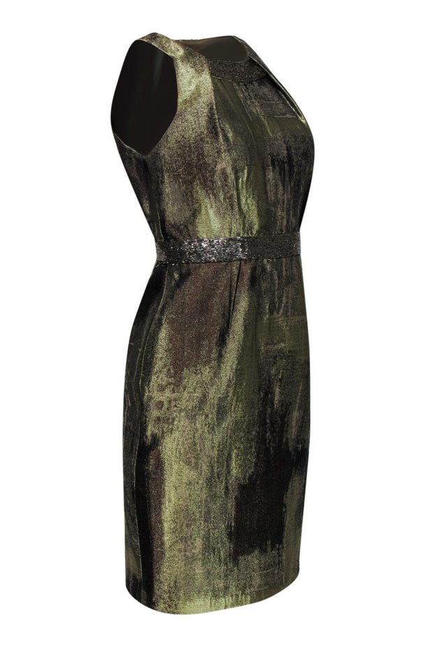Current Boutique-Carmen Marc Valvo - Green & Brown Metallic Beaded Dress Sz 4