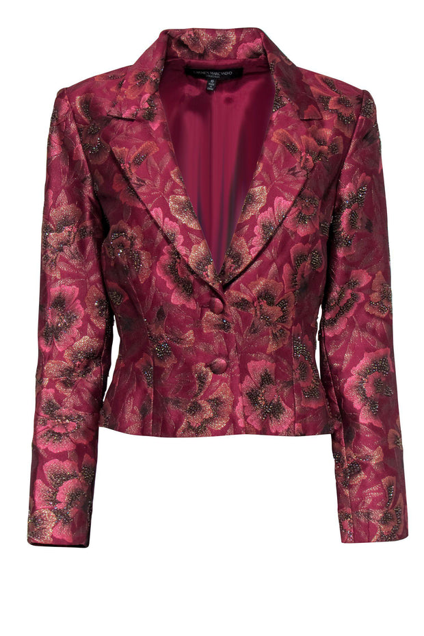 Current Boutique-Carmen Marc Valvo - Raspberry Pink Beaded Floral Cropped Jacket Sz 10