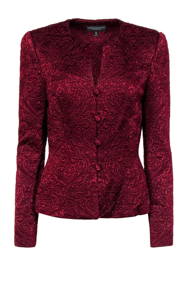 Current Boutique-Carmen Marc Valvo - Red Textured Metallic Beaded Jacket Sz 10