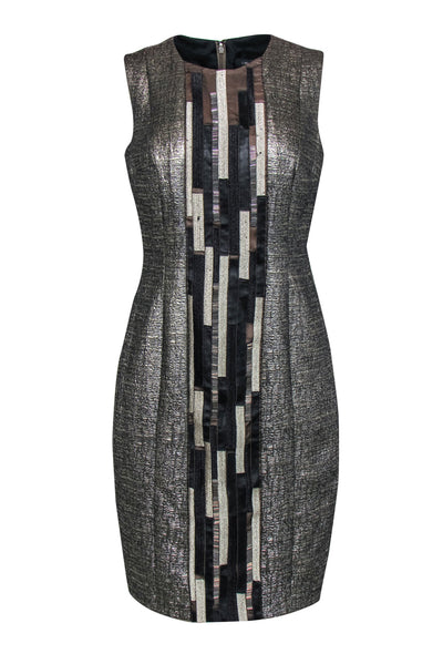 Current Boutique-Carmen Marc Valvo - Silver Metallic Dress w/ Beaded, Embroidered & Faux Leather Paneling Sz 10