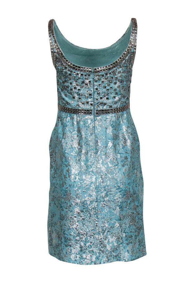 Current Boutique-Carmen Marc Valvo - Sky Blue & Silver Floral Brocade Dress w/ Jewels Sz 4