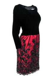 Current Boutique-Carolina Herrera - Black Velvet & Red Mesh Overlay Skirt w/ Sequins Sz 4