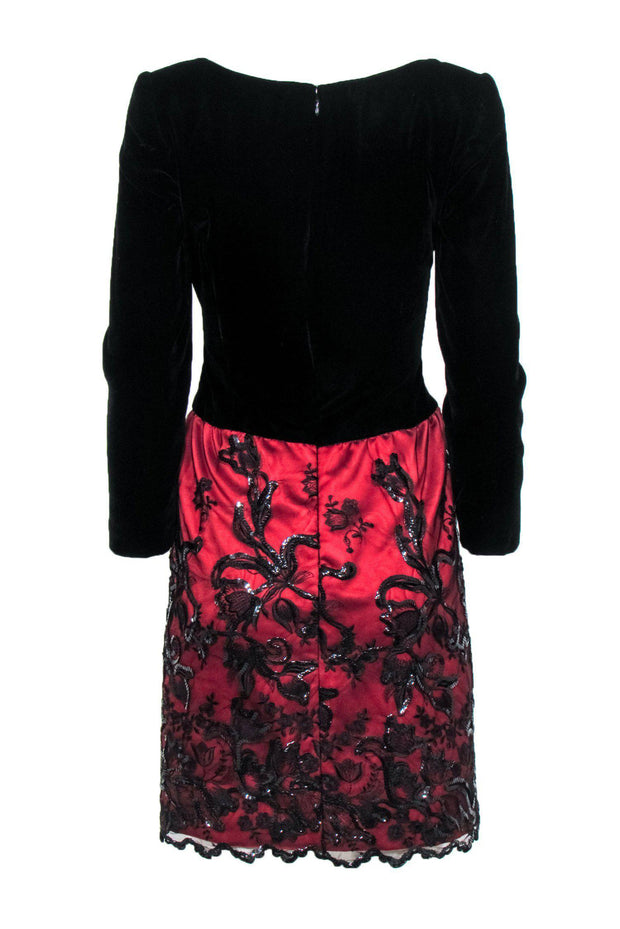 Current Boutique-Carolina Herrera - Black Velvet & Red Mesh Overlay Skirt w/ Sequins Sz 4