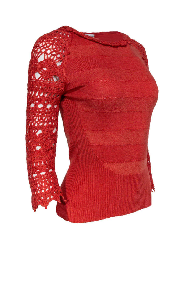 Current Boutique-Carolina Herrera - Burnt Orange Pullover Sweater w/ Crochet Sleeves Sz S