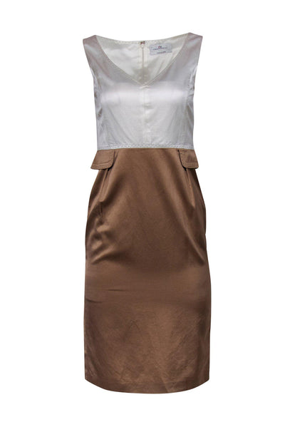 Current Boutique-Carolina Herrera - Ivory & Taupe Satin Sheath Dress w/ Stitching Sz 4