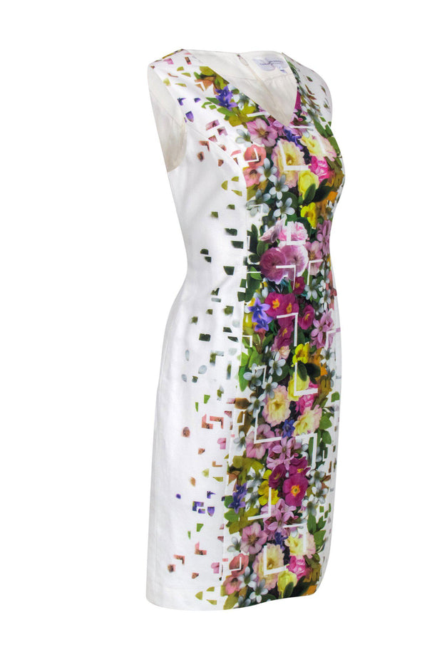 Current Boutique-Carolina Herrera - White Floral Printed Cotton Sheath Dress Sz 14