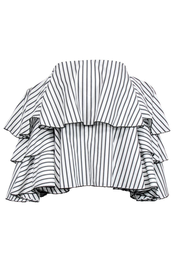 Current Boutique-Caroline Constas - Black & White Striped Off-the-Shoulder Tiered Blouse Sz M