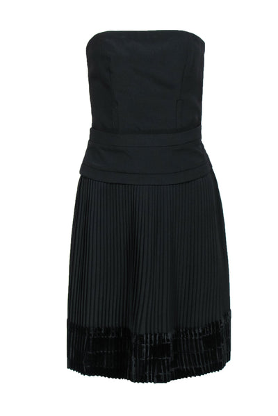 Current Boutique-Carven - Black Strapless Sheath Dress w/ Pleated Skirt & Velvet Trim Sz 4