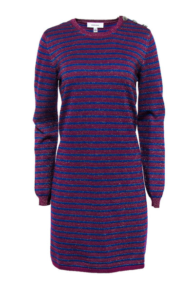 Current Boutique-Carven - Blue & Plum Striped Metallic Knitted Sweater Dress Sz L