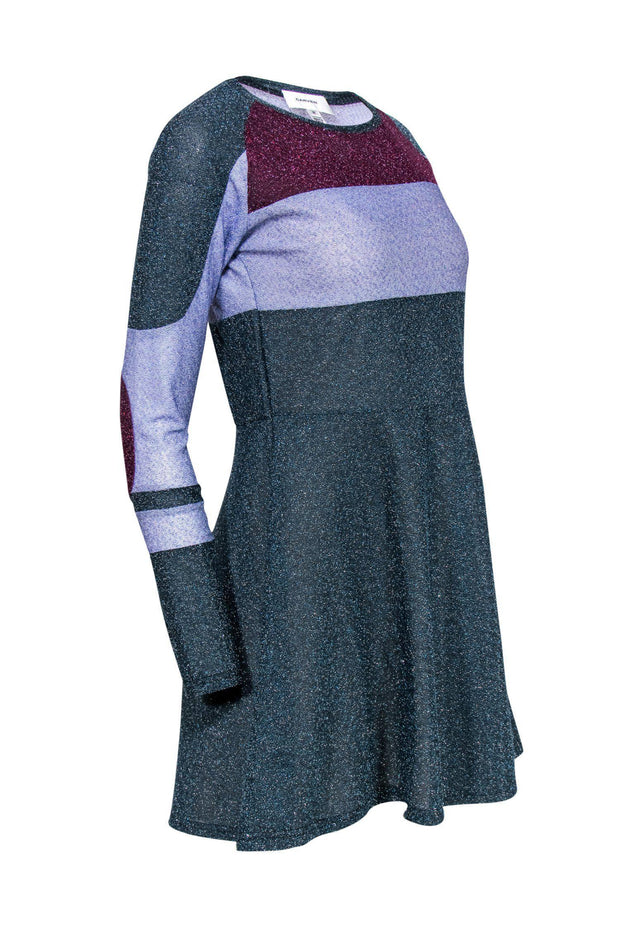 Current Boutique-Carven - Teal, Lavender & Plum Colorblocked Sparkly Fit & Flare Dress Sz M