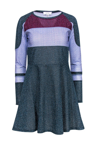Current Boutique-Carven - Teal, Lavender & Plum Colorblocked Sparkly Fit & Flare Dress Sz M
