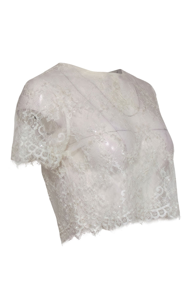 Current Boutique-Catherine Deane - White Lace Sheer Cropped Top w/ Pearl Beading Sz 4