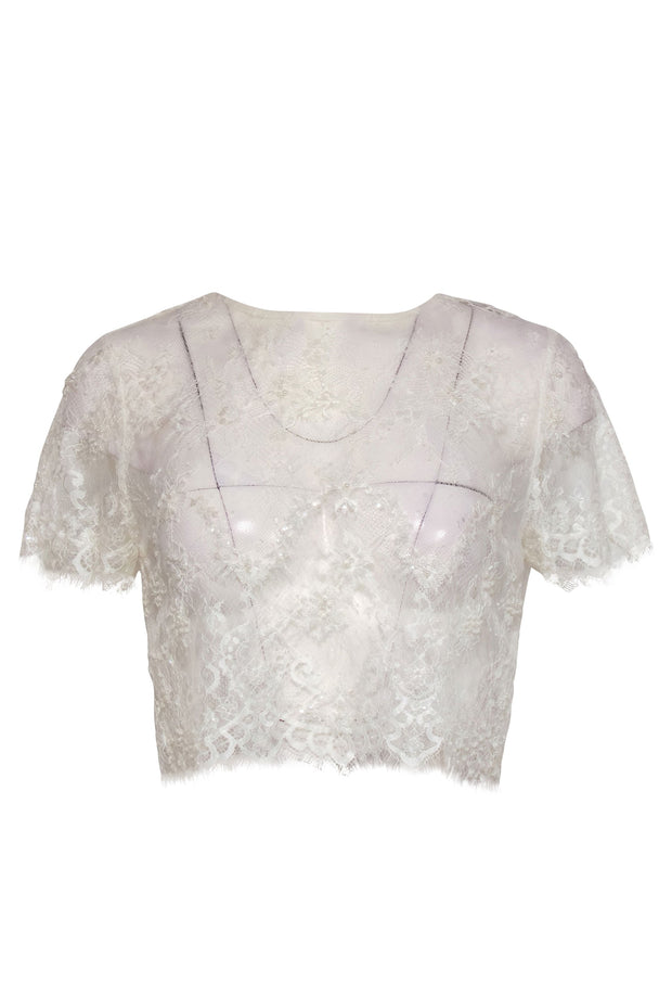 Current Boutique-Catherine Deane - White Lace Sheer Cropped Top w/ Pearl Beading Sz 4