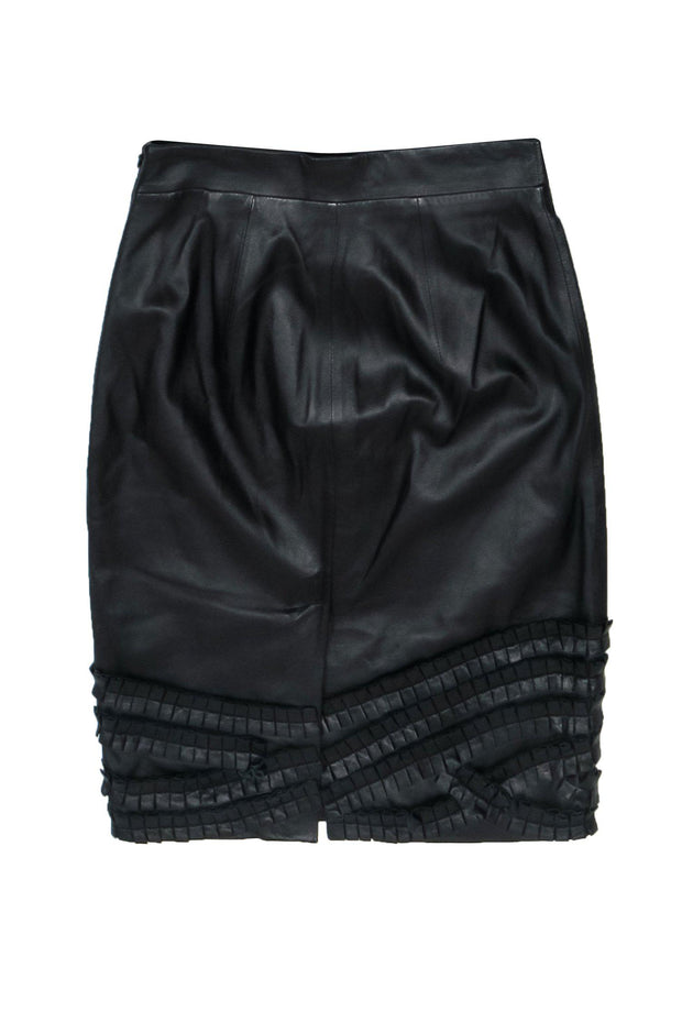 Current Boutique-Catherine Malandrino - Black Leather Pencil Skirt w/ Ruffle Applique Hem Sz 4