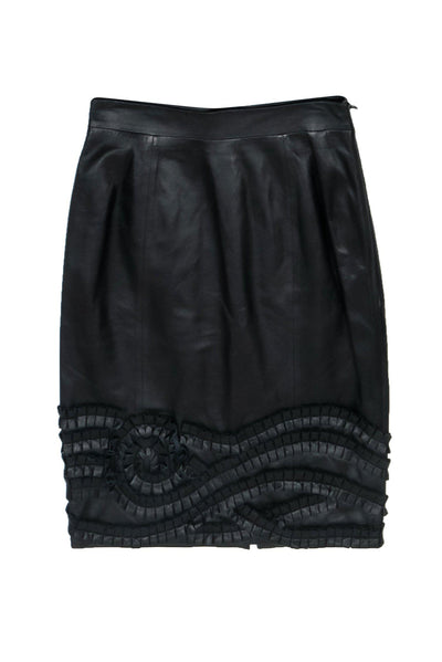 Current Boutique-Catherine Malandrino - Black Leather Pencil Skirt w/ Ruffle Applique Hem Sz 4
