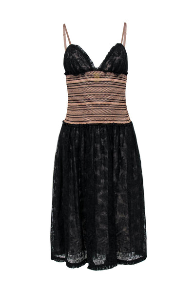 Current Boutique-Catherine Malandrino - Black & Nude Lace Fit & Flare Dress w/ Smocked Waist Sz 6