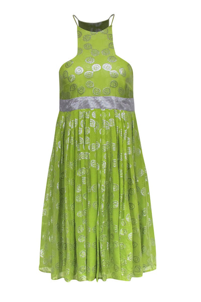 Current Boutique-Catherine Malandrino - Chartreuse Chiffon Babydoll Dress w/ Silver Swirl Pattern Sz 4