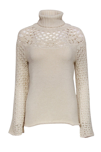Current Boutique-Catherine Malandrino - Cream Crochet Wool Knit Turtleneck Sweater Sz M