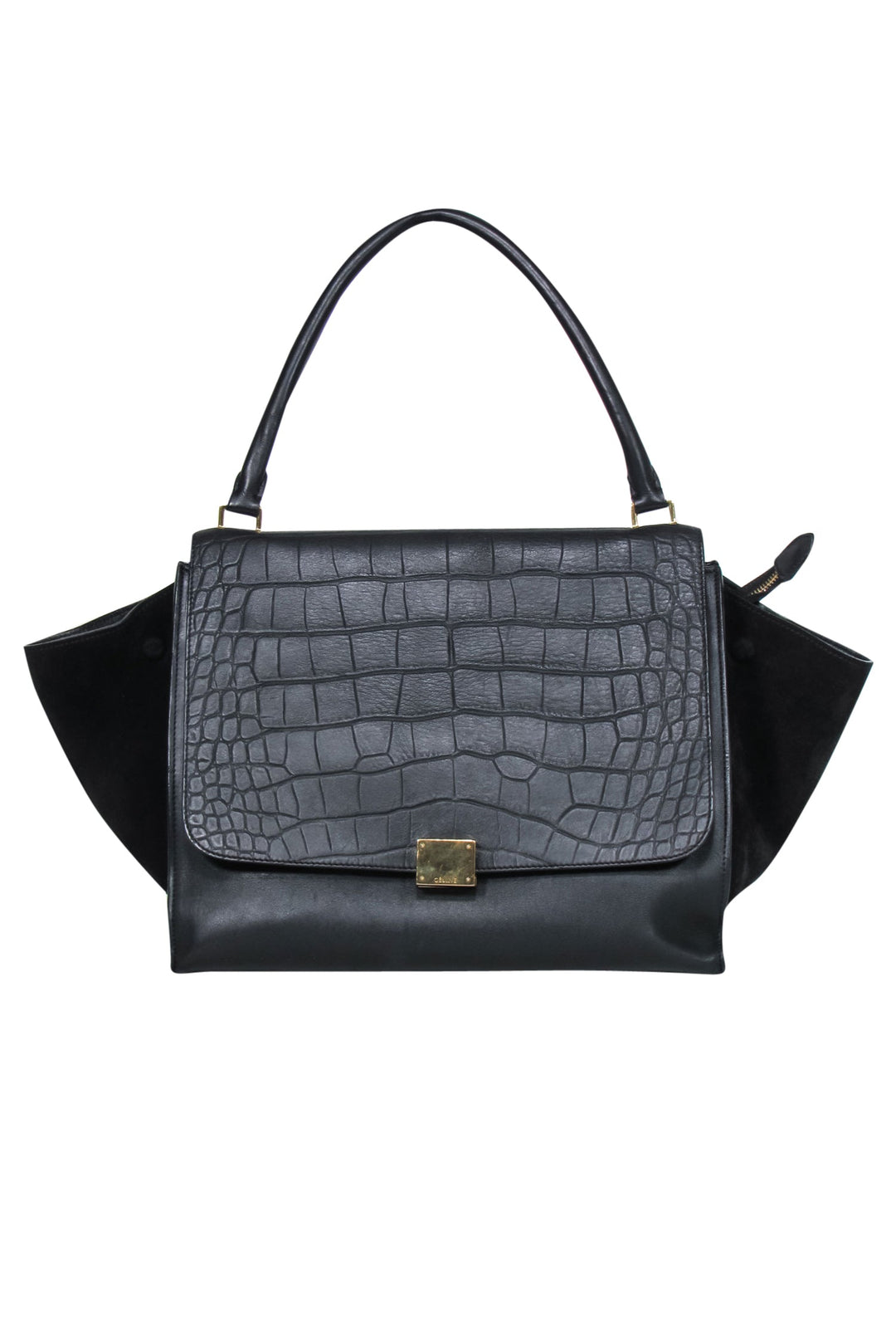 Celine Black Leather Reptile Embossed Fold Over Handbag Current Boutique