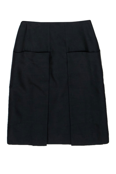 Current Boutique-Celine - Black Pleated Wool Blend A-Line Skirt Sz 6