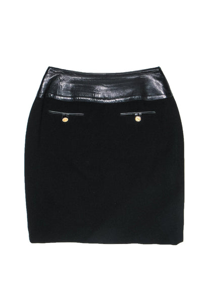 Current Boutique-Celine - Black Wool Pencil Skirt w/ Leather Waist Sz 8