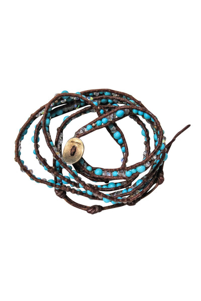 Current Boutique-Chan Luu - Brown Leather Woven Wrap Bracelet w/ Clear & Turquoise Beads