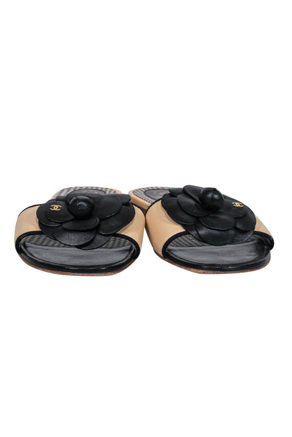 Chanel, T-strap sandals with camellia. - Unique Designer Pieces