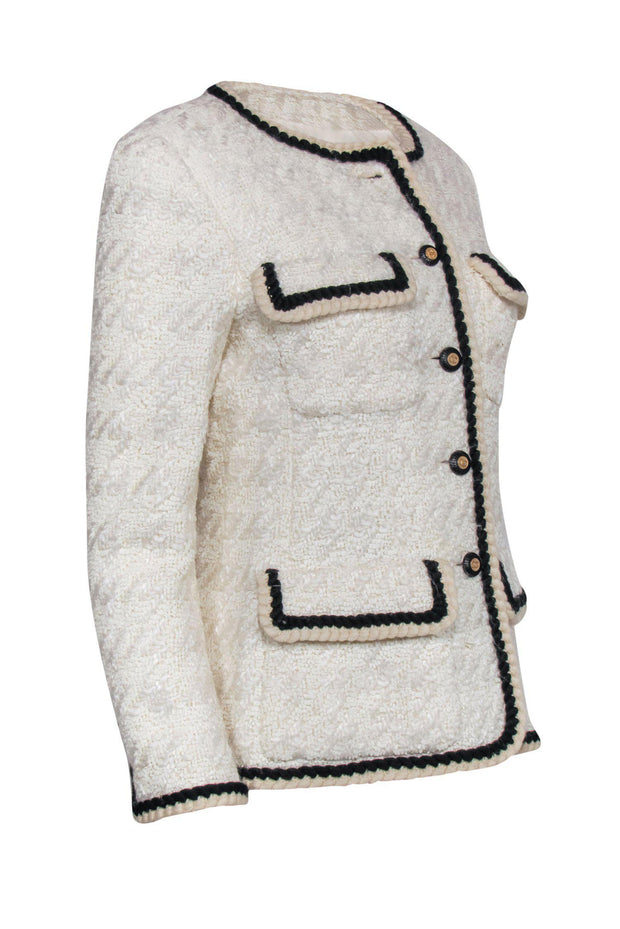 Chanel - Beige Tweed Button-Up Jacket w/ Black Trim Sz 6 – Current