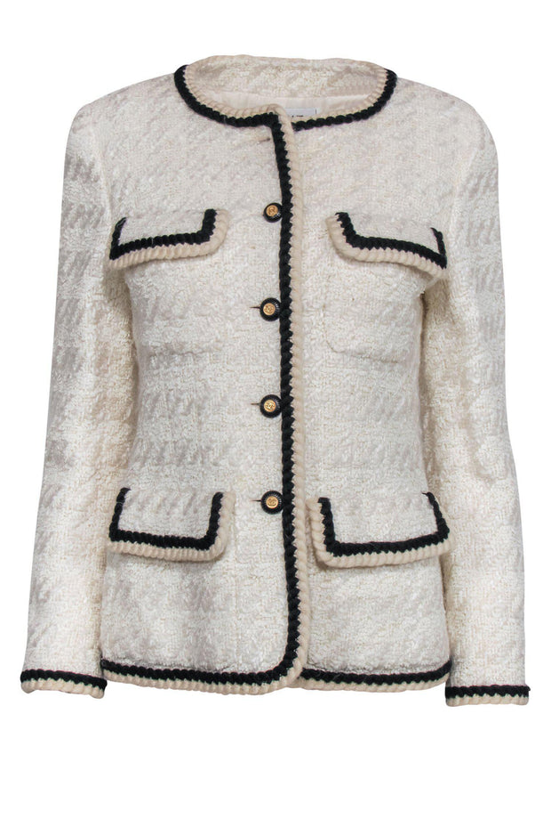 Chanel - Beige Tweed Button-Up Jacket w/ Black Trim Sz 6 – Current Boutique