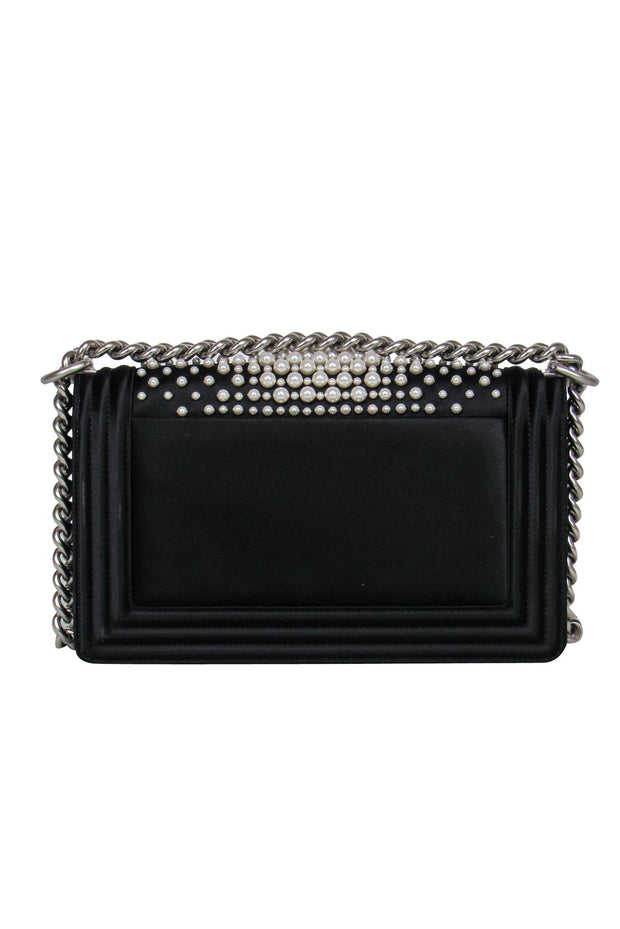 Current Boutique-Chanel - Black Fold Over Chain Boy Bag w/ Pearl Embellishments