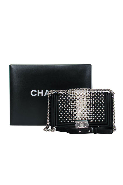 Chanel - Black Fold Over Chain Boy Bag w/ Pearl Embellishments – Current  Boutique