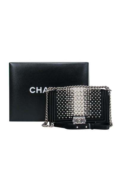 Current Boutique-Chanel - Black Fold Over Chain Boy Bag w/ Pearl Embellishments