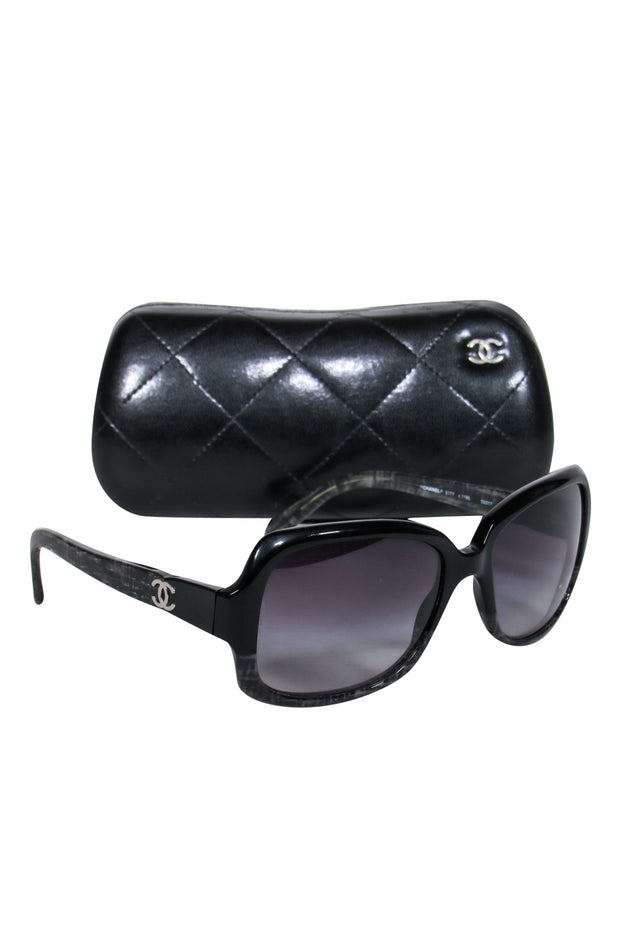 Chanel - Black & Grey Grid Print Square Sunglasses – Current Boutique