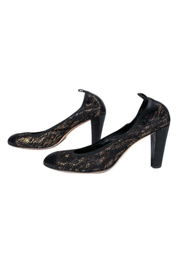 Current Boutique-Chanel - Black & Metallic Gold Lace Heels Sz 9.5