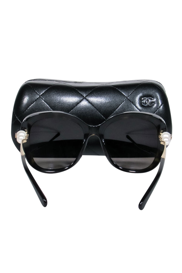 Chanel - Black Oversized Square Sunglasses w/ Faux Pearls
