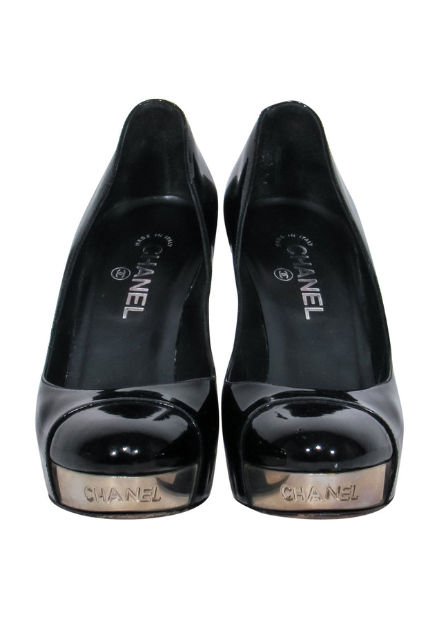 Chanel - Black Patent Leather Platform Pumps w/ Silver Toe Sz 10.5