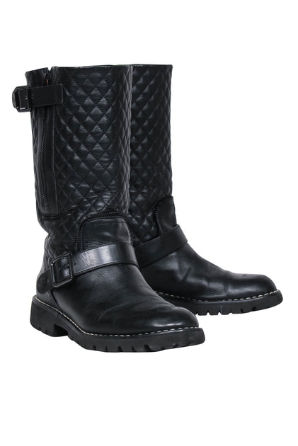 Chanel black leather quilted biker boots