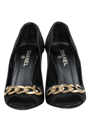 Current Boutique-Chanel - Black Quilted Peep Toe Pumps w/ Chainlink Design Sz 8.5