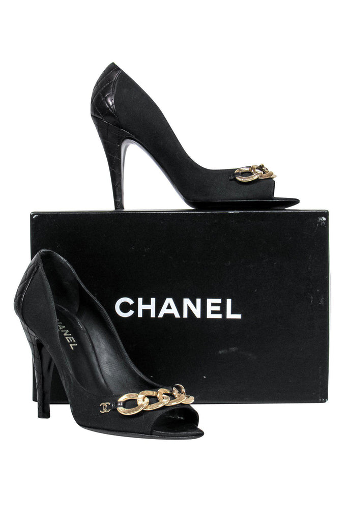 Chanel - Black Quilted Peep Toe Pumps w/ Chainlink Design Sz 8.5