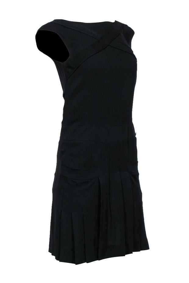 Current Boutique-Chanel - Black Silk Drop-Waist Sleeveless Dress w/ Pleated Skirt & Pockets Sz 2
